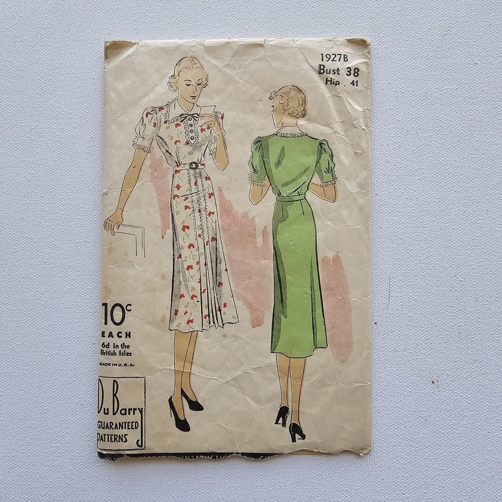 1930s Vintage 38" Bust Du Barry 1927B Puff Sleeve Midi Frill Dres Sewing Pattern